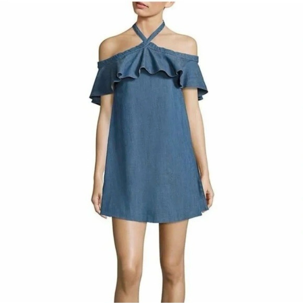 Alice + Oliva Alexia Off the Shoulder Ruffle Halter Mini Chambray‎ Dress Small